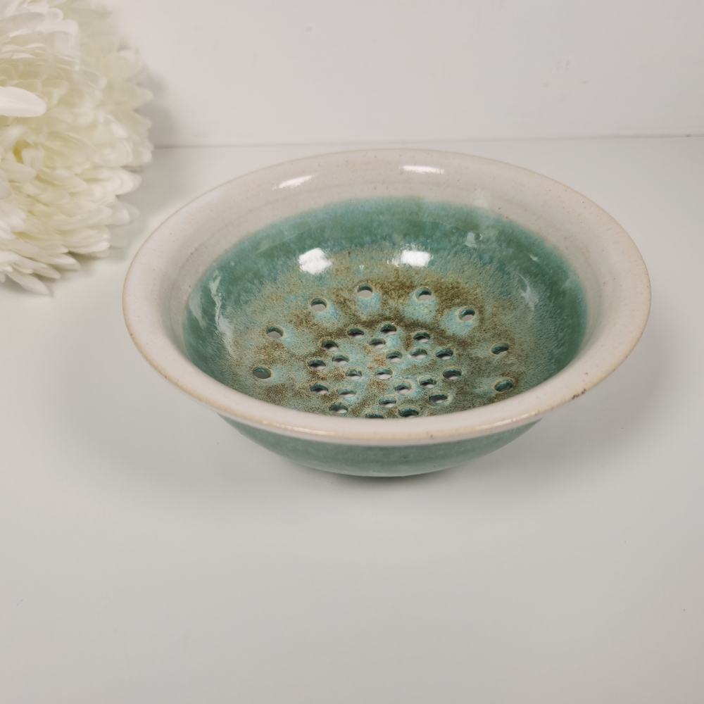 Small Ceramic Berry Colander Bowl - Studio Pottery Green & White Fruit Bowl